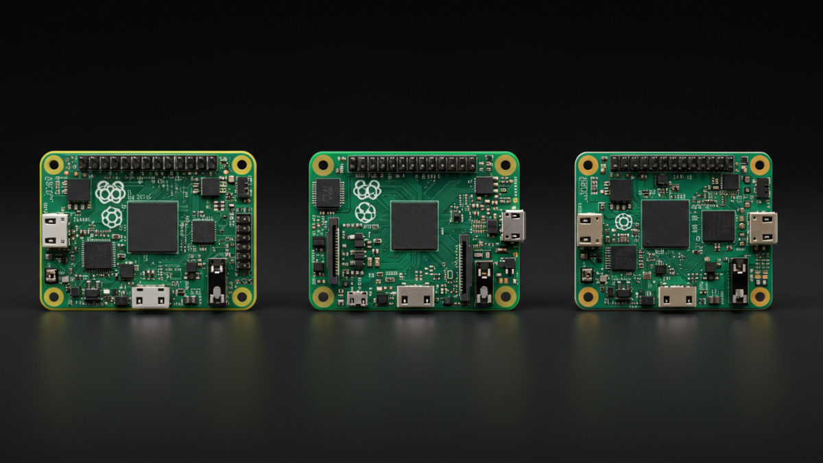Trois modèles Raspberry Pi côte à côte (Pi 5, Pi 4, Pi Zero 2W) sur fond sombre, comparaison produit