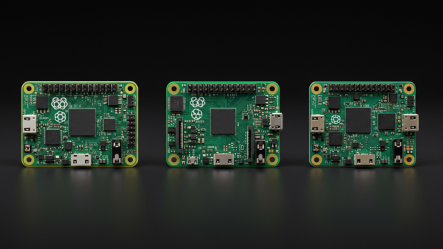 Trois modèles Raspberry Pi côte à côte (Pi 5, Pi 4, Pi Zero 2W) sur fond sombre, comparaison produit