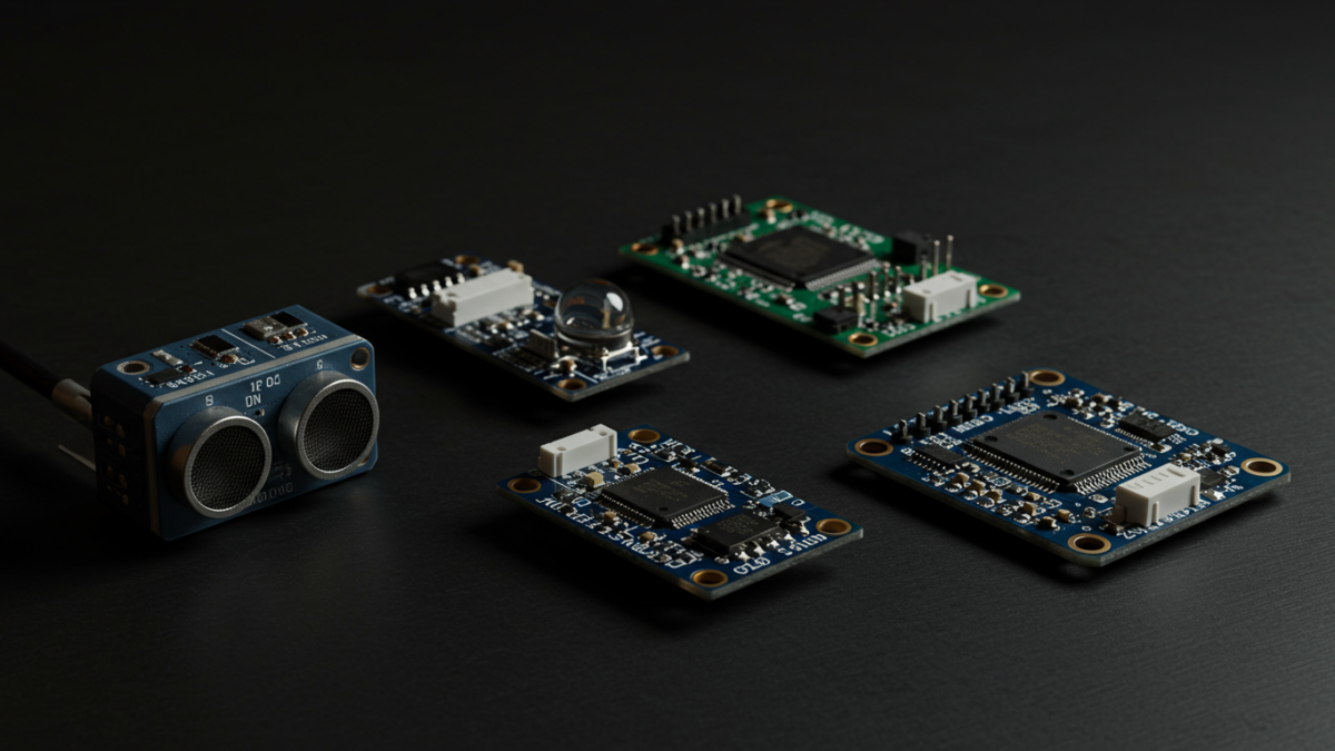 Collection de capteurs de robotique disposés sur surface sombre : ultrason HC-SR04, IR, IMU, vue d'ensemble