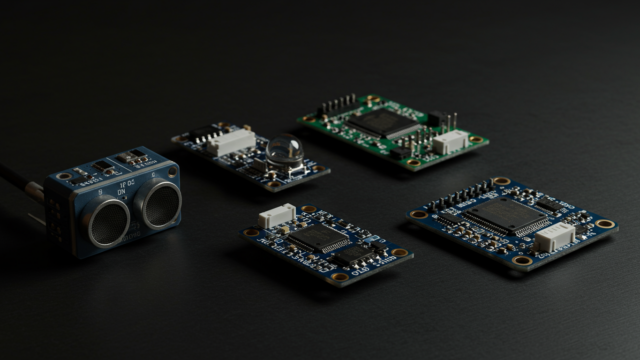 Collection de capteurs de robotique disposés sur surface sombre : ultrason HC-SR04, IR, IMU, vue d'ensemble
