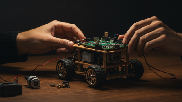 Mains assemblant un petit robot DIY avec châssis, moteurs et Raspberry Pi sur un atelier maker