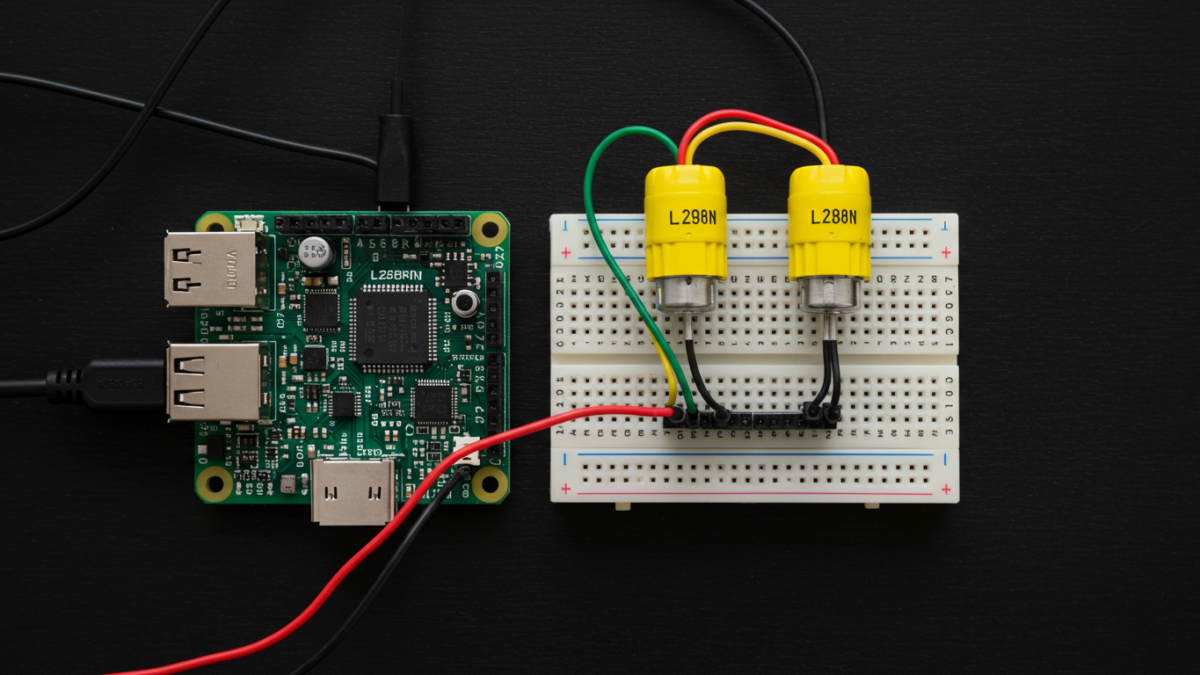 Module L298N câblé à deux moteurs DC jaunes sur breadboard avec un Raspberry Pi, vue de dessus