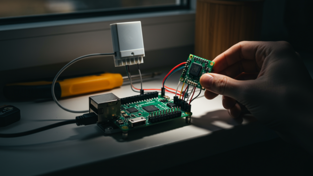 Raspberry Pi connecté à un capteur BME280 avec fils dupont, station météo DIY sur rebord de fenêtre ensoleillé