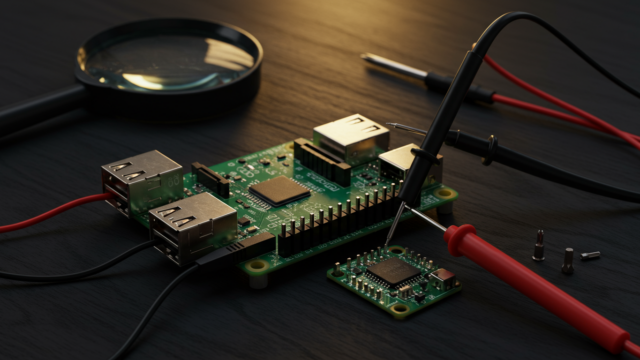 Raspberry Pi avec sondes de multimètre touchant les broches GPIO, loupe et tournevis à proximité, scène dépannage