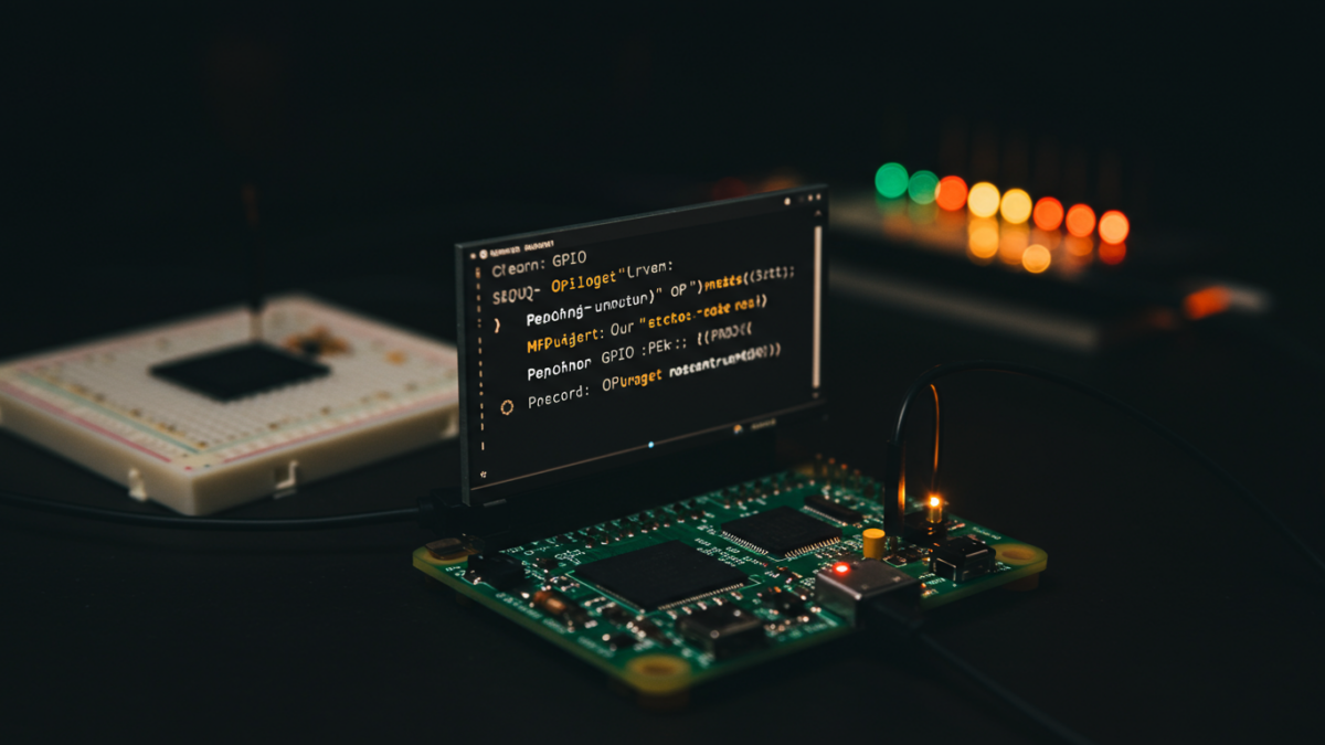 Éditeur de code affichant du code Python GPIO, Raspberry Pi flou en arrière-plan avec breadboard