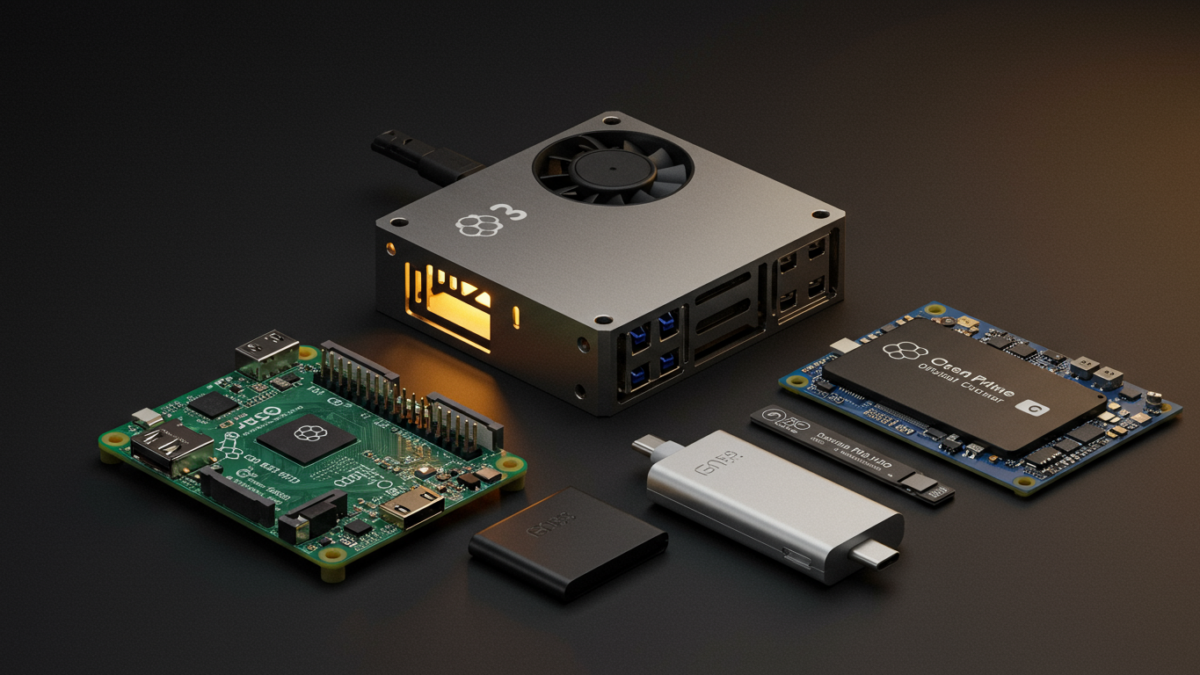 Raspberry Pi 5 avec ses accessoires : boîtier ventilé officiel, HAT NVMe et SSD M.2, alimentation USB-C