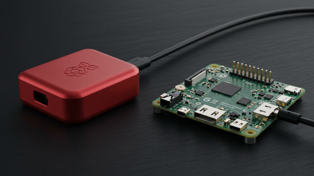 Bloc d'alimentation officiel Raspberry Pi 27W USB-C à côté d'un Pi 5, photographie produit professionnelle