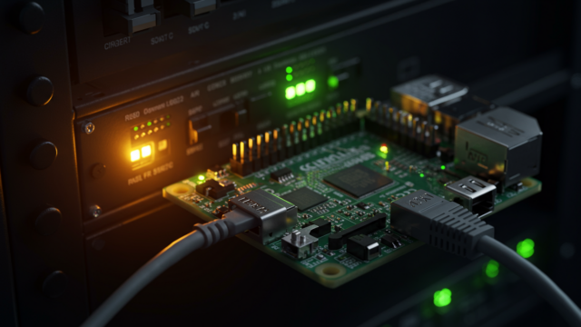 Raspberry Pi servant de filtre DNS réseau, câble Ethernet branché, LEDs de statut clignotantes, baie réseau en fond