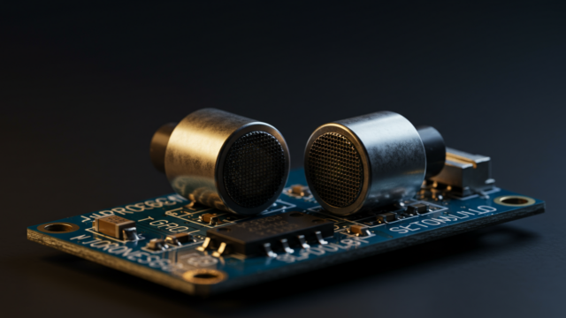 Capteur ultrasonique HC-SR04 en gros plan macro, deux transducteurs cylindriques visibles, PCB bleu