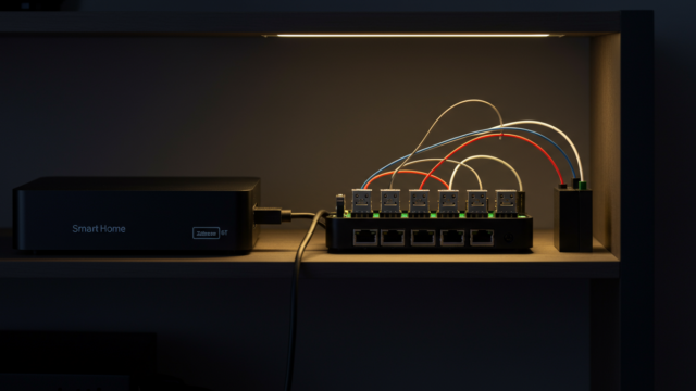 Centre de contrôle smart home : Raspberry Pi avec multiples dongles Zigbee et Ethernet, boîtier noir sur étagère