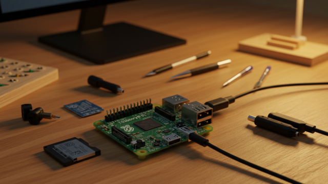 Raspberry Pi avec carte SD, écran et câbles sur un bureau en bois