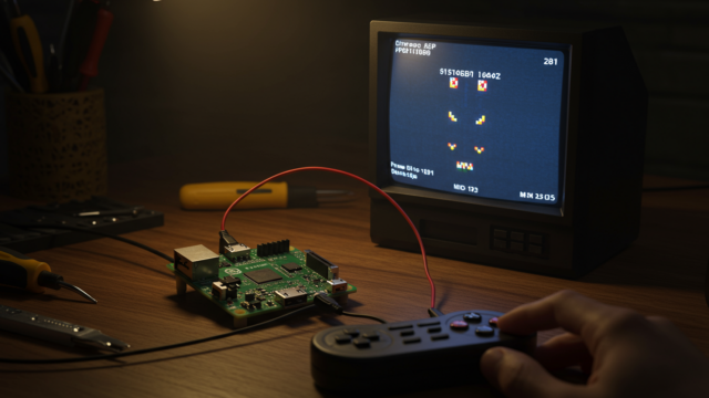 Raspberry Pi connecté à un écran style CRT affichant un jeu rétro pixelisé, manette de jeu sur bureau bois
