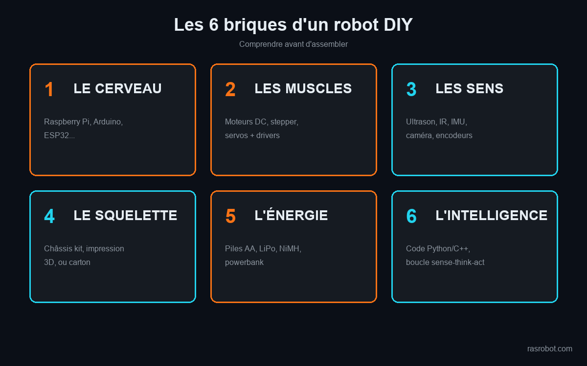 Schéma des 6 briques fonctionnelles d'un robot DIY : cerveau, muscles, sens, squelette, énergie, intelligence
