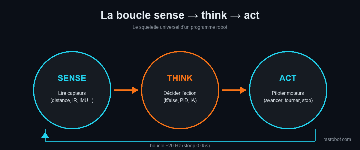 Boucle sense-think-act : lecture capteurs, décision, action, retour à la lecture à environ 20 Hz
