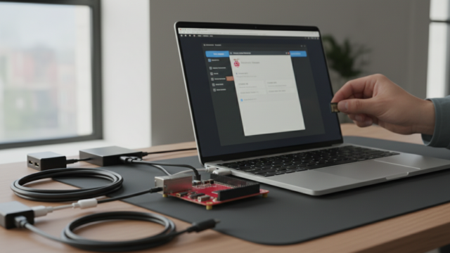 Raspberry Pi 5 avec ordinateur portable affichant Raspberry Pi Imager, main tenant une carte microSD
