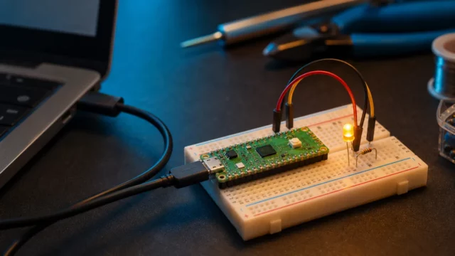 Raspberry Pi Pico relié à une breadboard avec une LED allumée